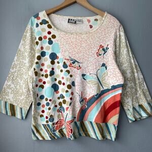 Take Two Size XL Artsy Butterfly 3/4 Sleeve Knit Tee Top Novelty Girlhood Whimsy